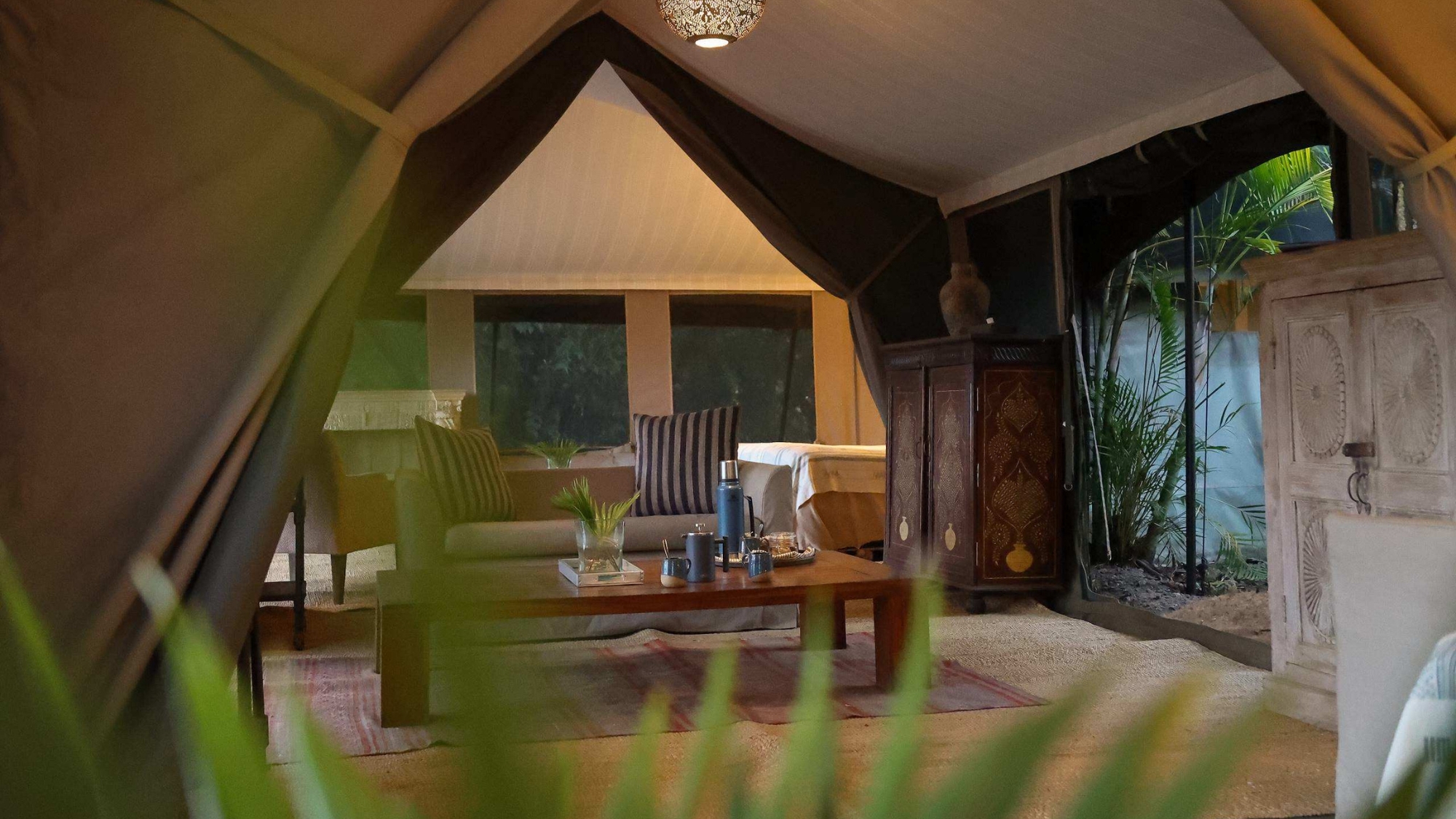 Refurbished lounge interior at Hemingways River Camp Mara in Kenya's Mara North Conservancy